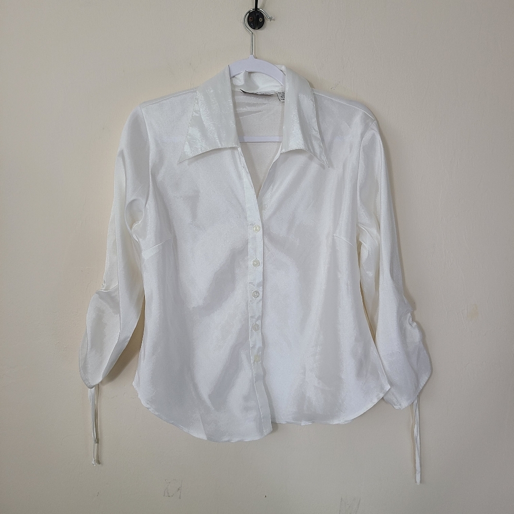 Giorgio Fiorlini White Cinch Sleeve Button Front No Iron 3/4 Sleeve Shirt Size M